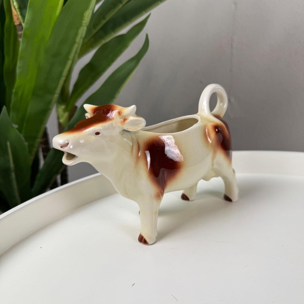 Vintage West German Ceramic Cow Creamer Brown White Figural Milk Pitcher